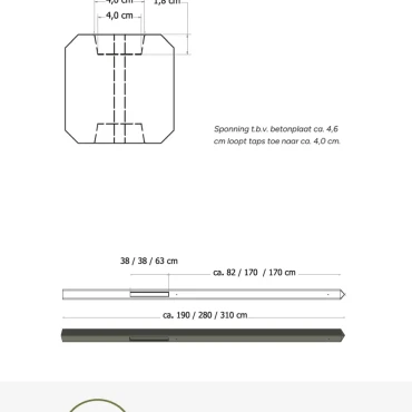 Betonpaal glad met diamantkop 10x10x190 cm, antraciet gecoat, tussenpaal t.b.v. scherm 90 cm hoog
