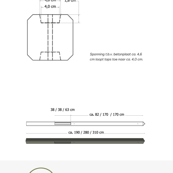 Betonpaal glad met diamantkop 10x10x310 cm, antraciet gecoat, tussenpaal t.b.v. 2 betonplaten