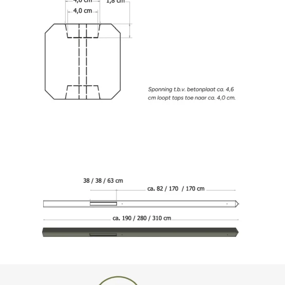 Betonpaal glad met diamantkop 10x10x280 cm, antraciet gecoat, hoekpaal
