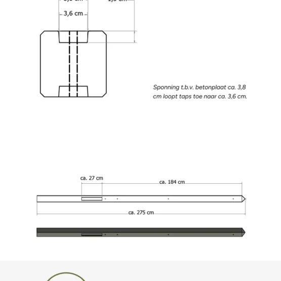 Lichtgewicht betonpaal met diamantkop ongecoat 8.5x8.5x280 cm, tussenpaal, grijs