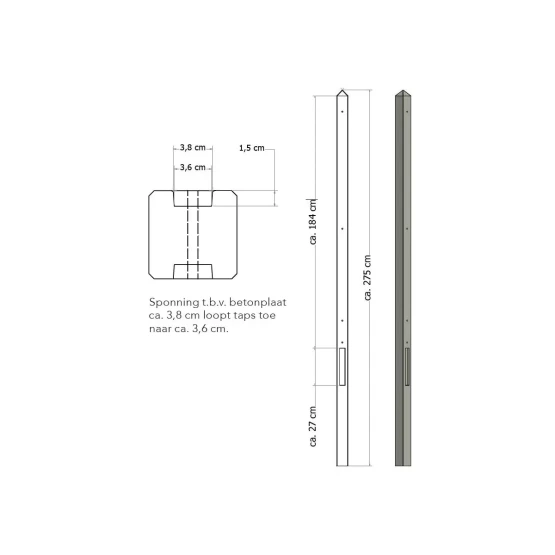 Lichtgewicht betonpaal met diamantkop ongecoat 8.5x8.5x280 cm, tussenpaal, grijs