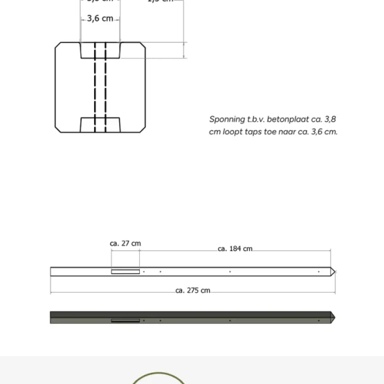Lichtgewicht betonpaal met diamantkop ongecoat 8.5x8.5x280 cm, eindpaal, antraciet
