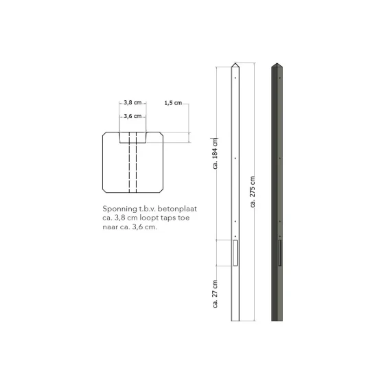 Lichtgewicht betonpaal met diamantkop ongecoat 8.5x8.5x280 cm, eindpaal, antraciet