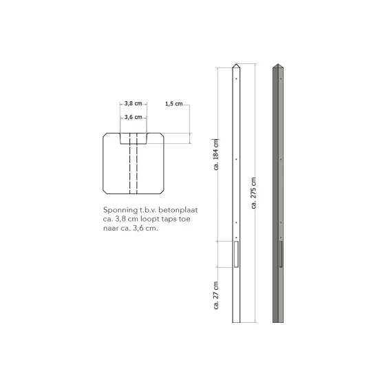 Lichtgewicht betonpaal met diamantkop ongecoat 8.5x8.5x280 cm, eindpaal, grijs